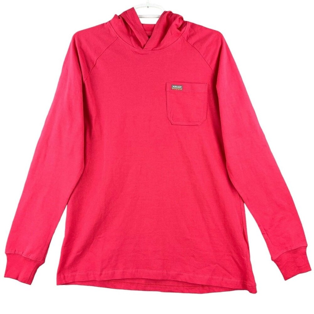 NWOT ARIAT REBAR Women's Coral Red Long Sleeve Hooded T-shirt Size Medium - Picture 1 of 13